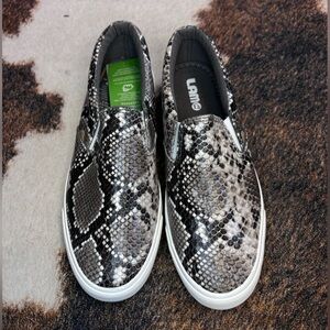 Lamo Black and Gray Snake Pattern Slip-Ons